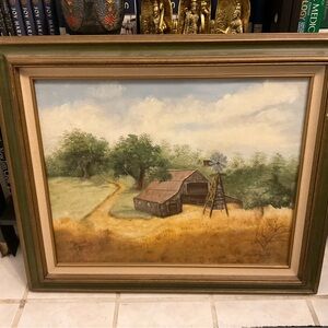 Rustic Landscape Painting with Green and Brown Frame by C.Ray